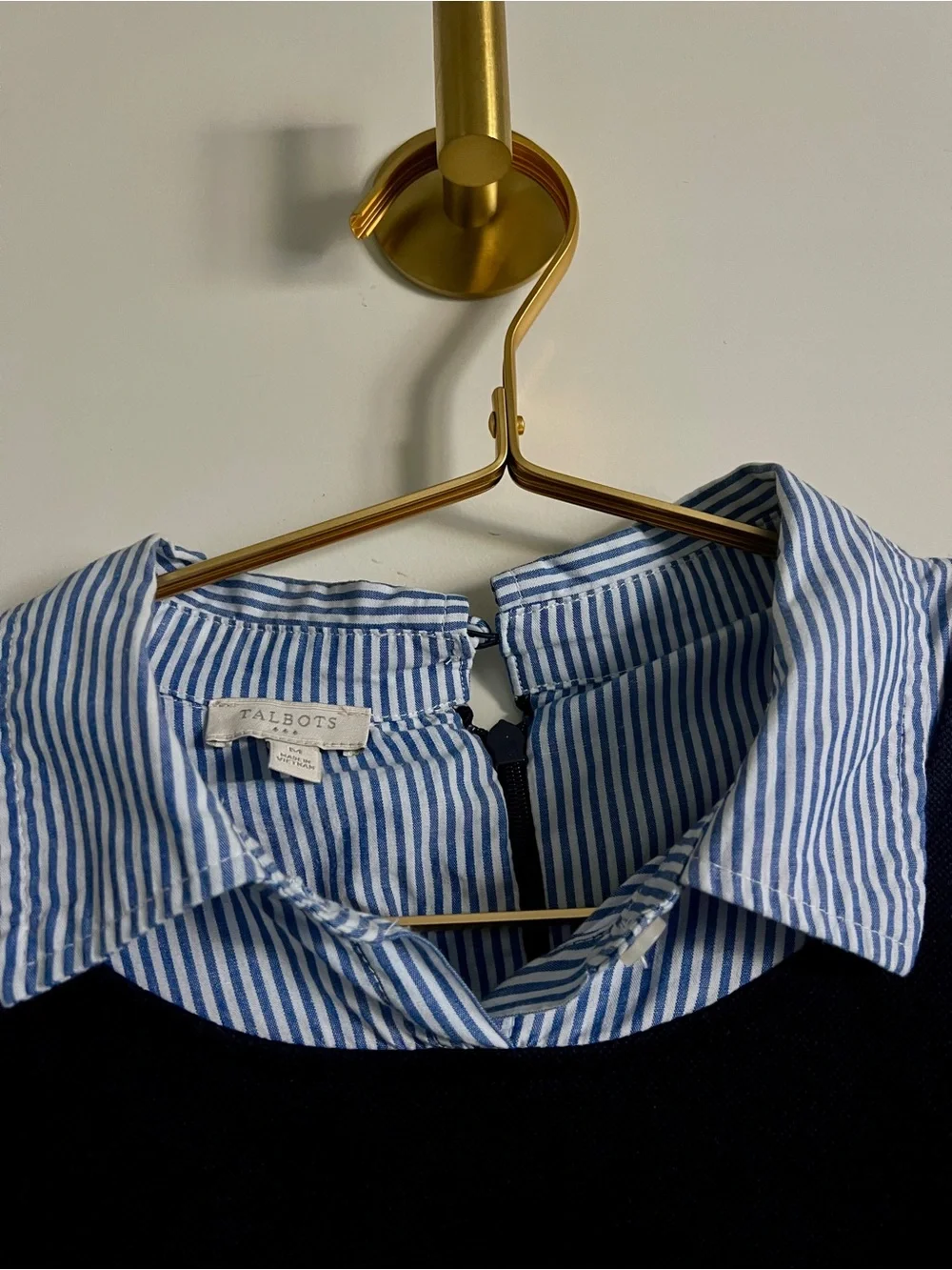 Talbots Navy Blue Cotton Dress Striped Collar Coastal Preppy Pockets Size Medium - Picture 10 of 16
